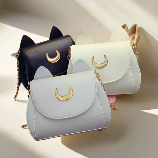 Chic Cat Ear Crossbody Bag – Moon Emblem Design with Chain Strap
